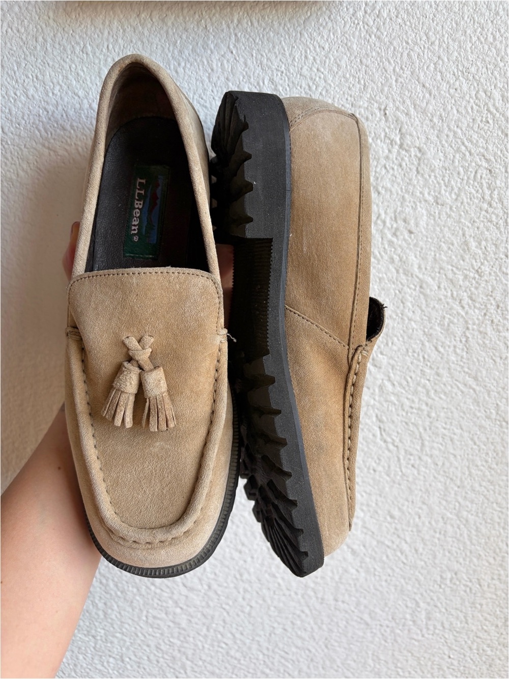 Vintage LL Bean Taupe Suede Lug Sole Loafers 8.5